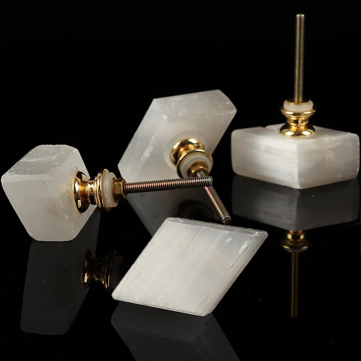 JIC Gem 4 Pack Rhombus White Selenite Crystal Cabinet Knobs Gemstone Drawer Pulls Home Kitchen Decor