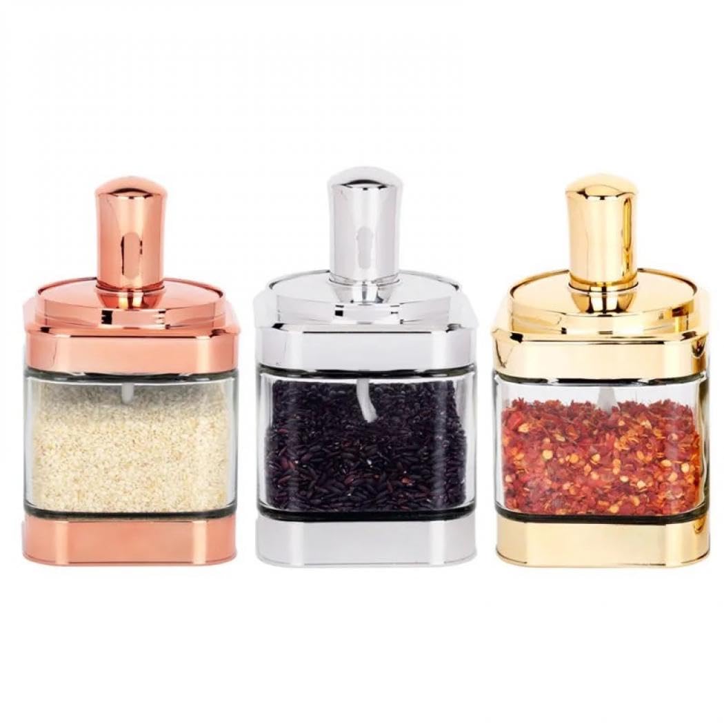 Magnitt Glass Condiment Spice Jars, 2PC Container with Lids and Spoons, Sugar Bowls Seasoning Box Set, Best Spice jar for Your Home, Kitchen, Counter (Gold(11oz/320 ml))