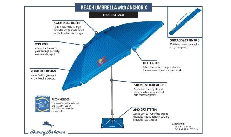 Tommy Bahama 8 ft Beach Umbrella with wind vent and sand anchor- Rich blue