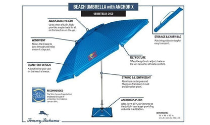 Tommy Bahama 8 ft Beach Umbrella with wind vent and sand anchor- Rich blue