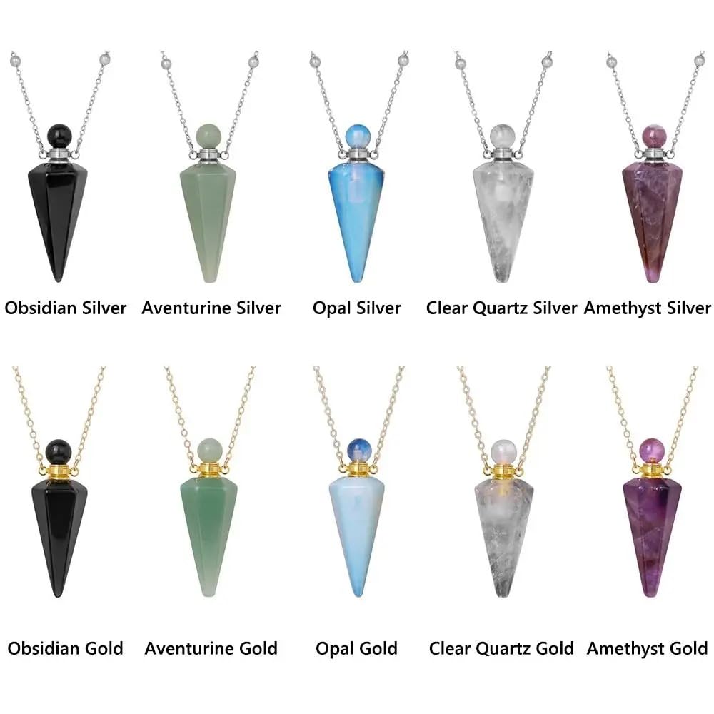 925 Sterling Silver Essential Oil Necklace For Women And Men, Natural Crystal Stone Cone Shape Pendant Necklace Healing Perfume Bottle Necklace Essential Oil Pendant Necklace (9 - Essential Oil Necklace)