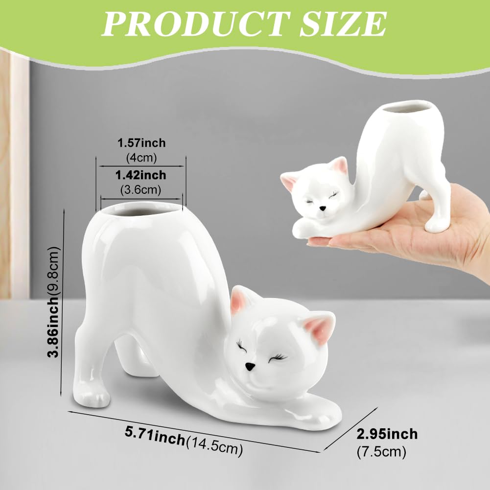 HKZTUY Ceramic Cat Planter Pot for Succulents and Cactus, Small Indoor Kitty Flower Pot with Drainage Hole, 5.71 x 2.95 x 3.86 in, Cute Desk Shelf Home Office Decor, White
