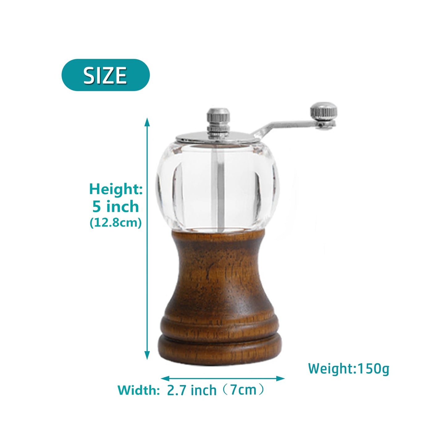 VEIZIBEE Pepper Mill Set Manual Pepper Mills Classical Hand Shake Wooden Pepper Grinder Set Salt Mills Wooden Pepper Mill Ceramic Blades Metal Handle, Enjoy Fresh Ground Pepper (Walnut color 2pcs-5in)
