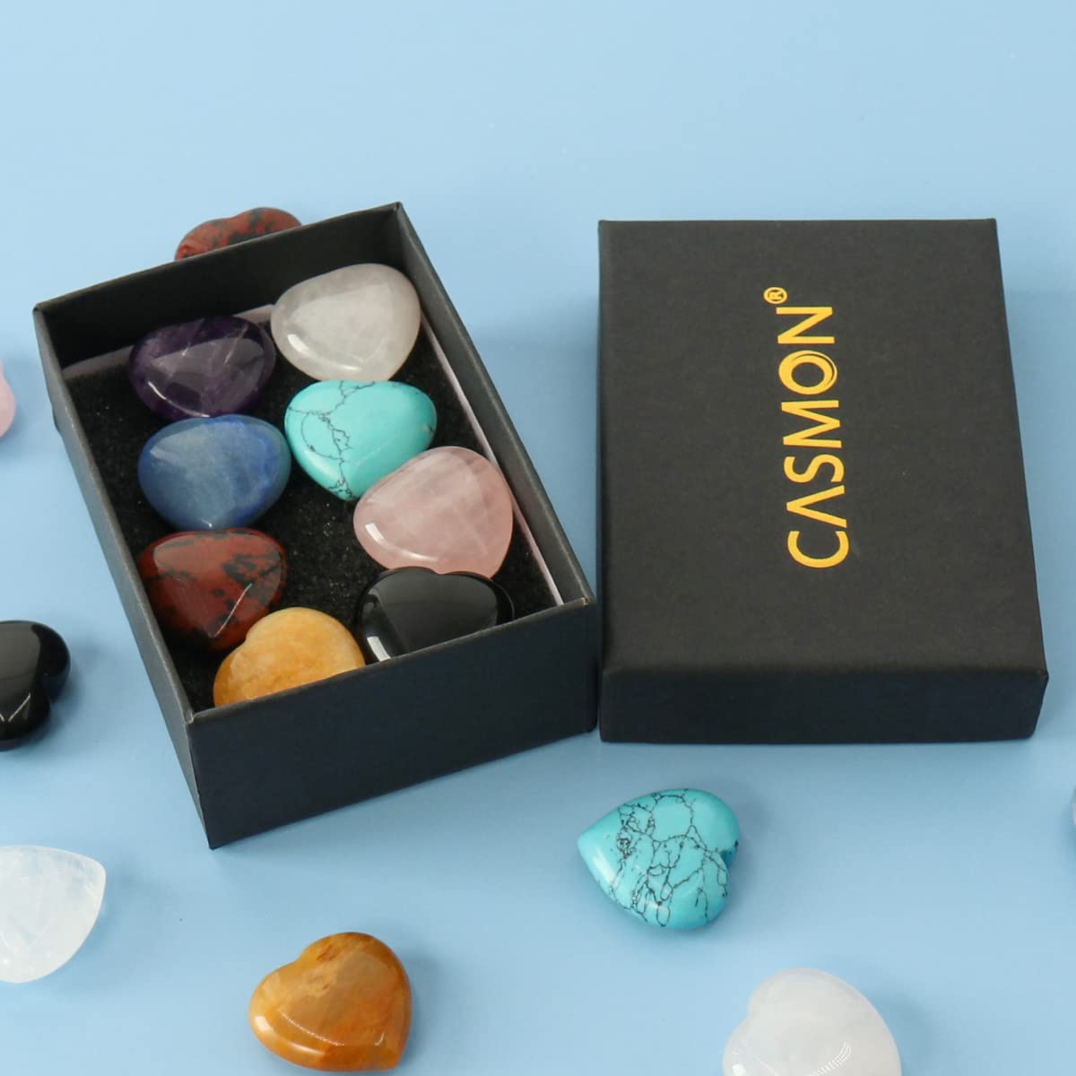 CASMON 8 Pcs Natural Mix Heart Stones Set (1 Inches), Puff Hearts Healing Palm Crystal with Gift Box for Chakra Reiki Home Décor