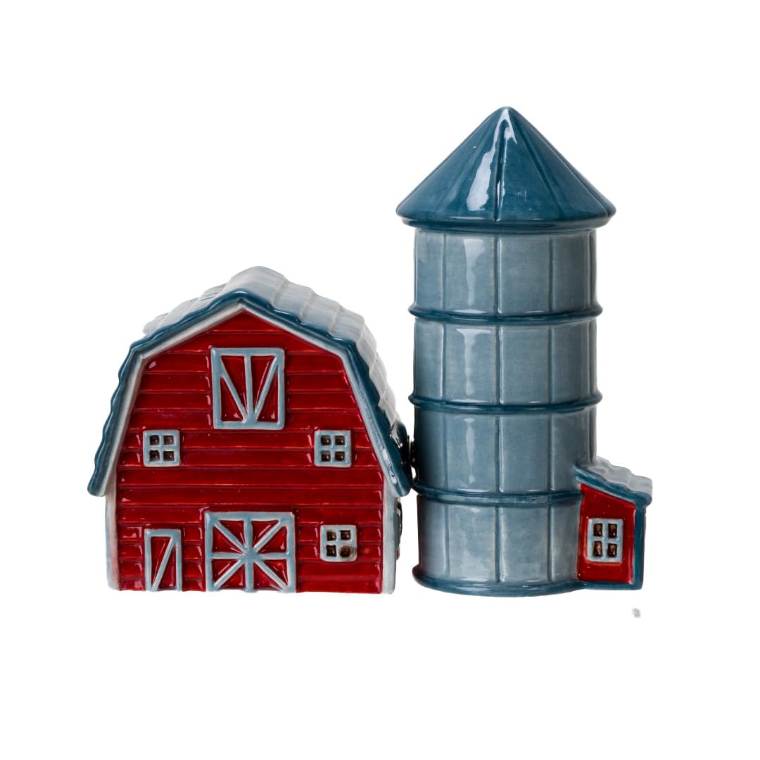 Pacific Giftware Ceramic Country Style Barn and Silo Salt and Pepper Shakers Set Farmhouse Kitchen Table Decor Rustic Red Barn Design Collectible Novelty Gift 2.2"H
