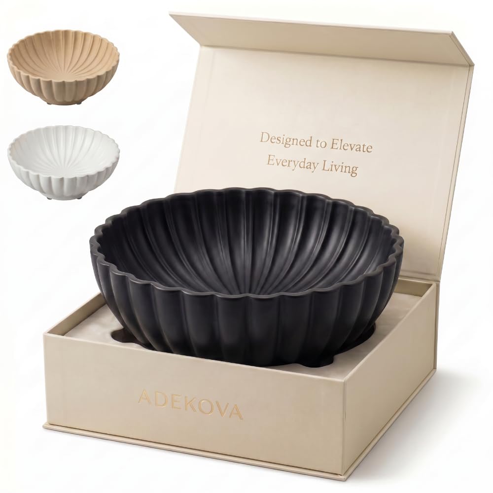 ADEKOVA Key Bowl - Black Fruit Bowl and Decorative Ceramic Bowl for Entryway Decor - Large 12 Inch Stone Fruit Bowl for Keys and Entryway Table - Modern Home Decor Centerpiece - Charcoal Black