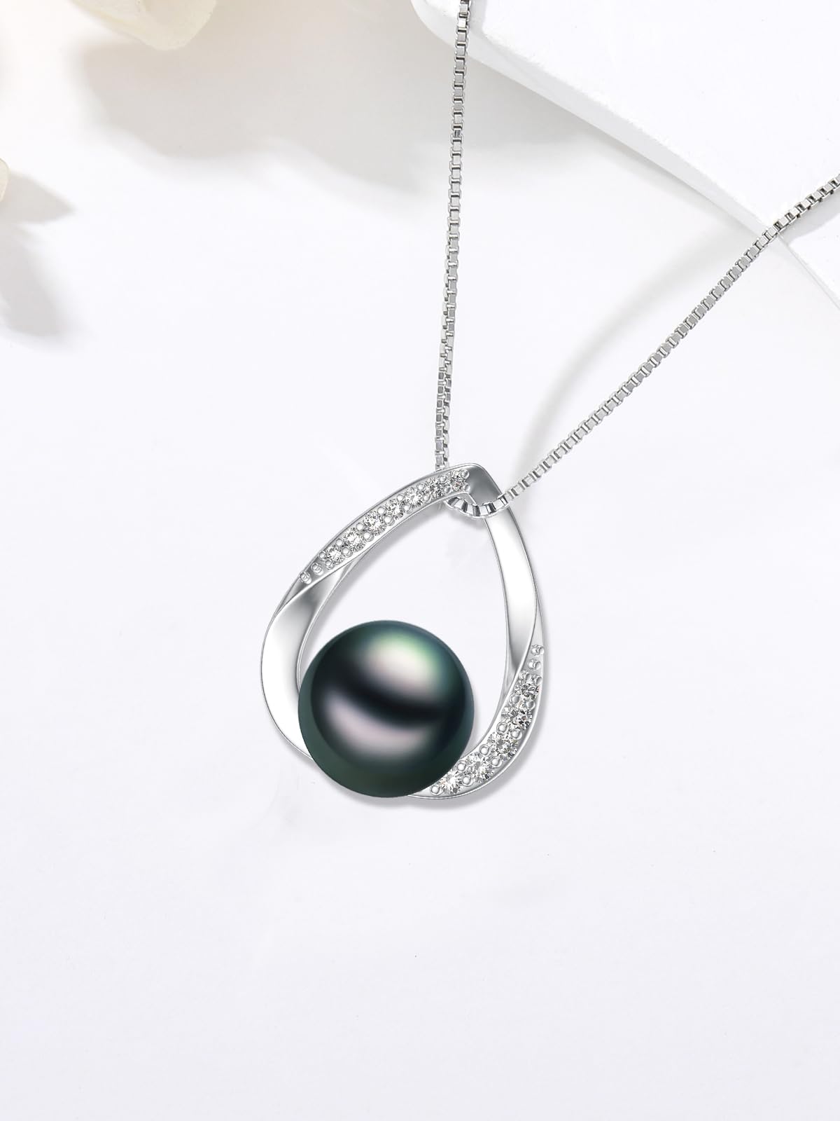 Gifts for Wife Women Anniversary-Tahitian Black Pearl Necklace 18K White Gold Plated 925 Sterling Silver AAA+ Handpicked Pearl Pendant Jewelry Gift for Mom Women Her Wedding Birthday