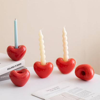 WAIT FLY Red Heart Shaped Ceramic Candlestick Holders, Set of 2 Candle Holders for Dinning Wedding Party Table Centerpieces Home Decoration