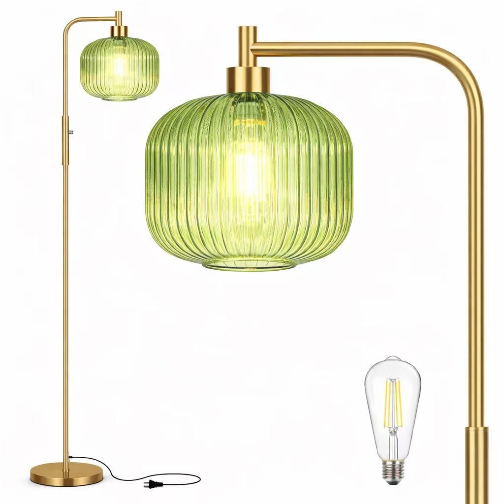 Ruiever Glass Floor Lamp for Living Room, Dimmer Standing Lamp with Green Ribbed Lampshade,66” Tall Lamp & Gold Floor Lamp for Bedroom Study Room,Brushed Gold (Drum Green Glass Shade)