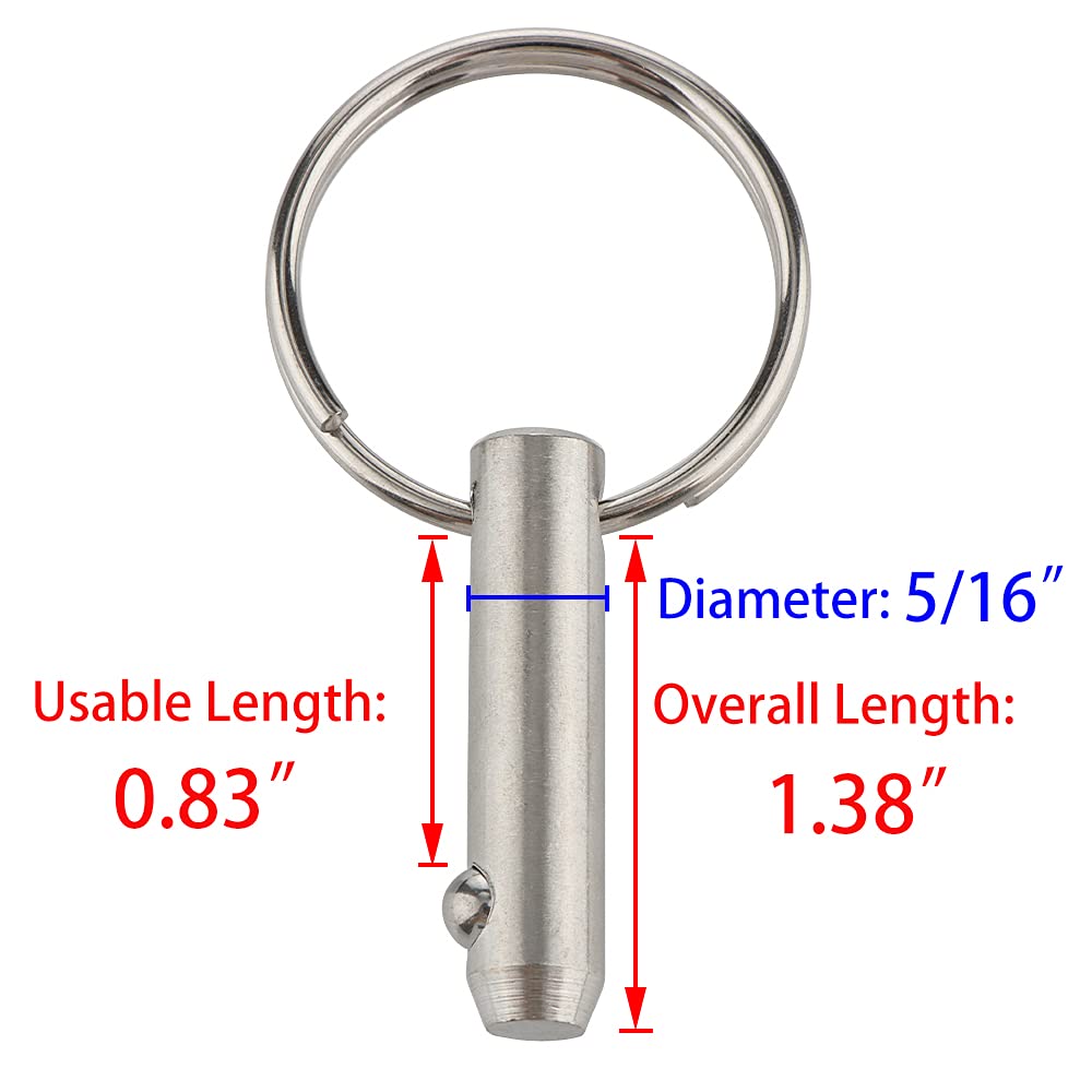 2 Pack Quick Release Pin, Diameter 5/16"(8mm), Usable Length 0.83"(21mm), Overall Length 1.38"(35mm), Full 316 Stainless Steel, Bimini Top Pin, Marine Hardware