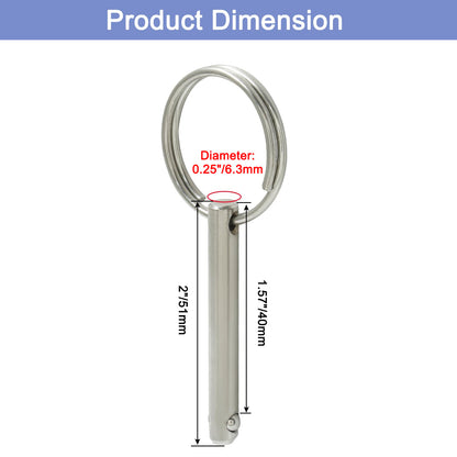 Suiwotin 4pcs Quick Release Pin, 1/4" (6.3mm) Diameter, Usable Length 1-1/2", Overall Length 2", 316 Stainless Steel Bimini Top Pins for Boat Marine Hardware