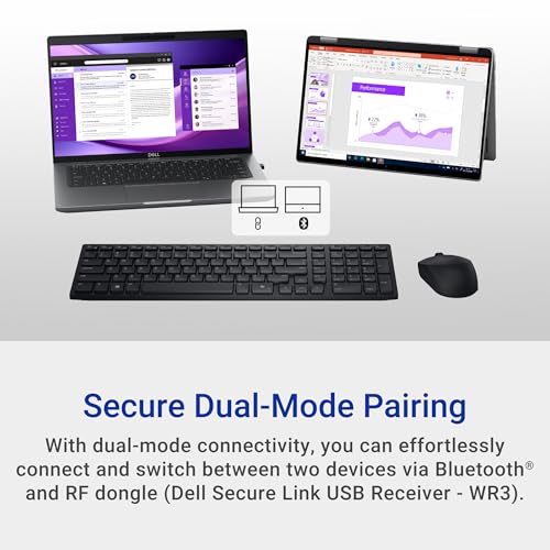 Dell Wireless Keyboard and Mouse - KM3322W, Wireless - 2.4GHz, Optical LED Sensor, Mechanical Scroll, Anti-Fade Plunger Keys, 6 Multimedia Keys, Tilt Leg - Black