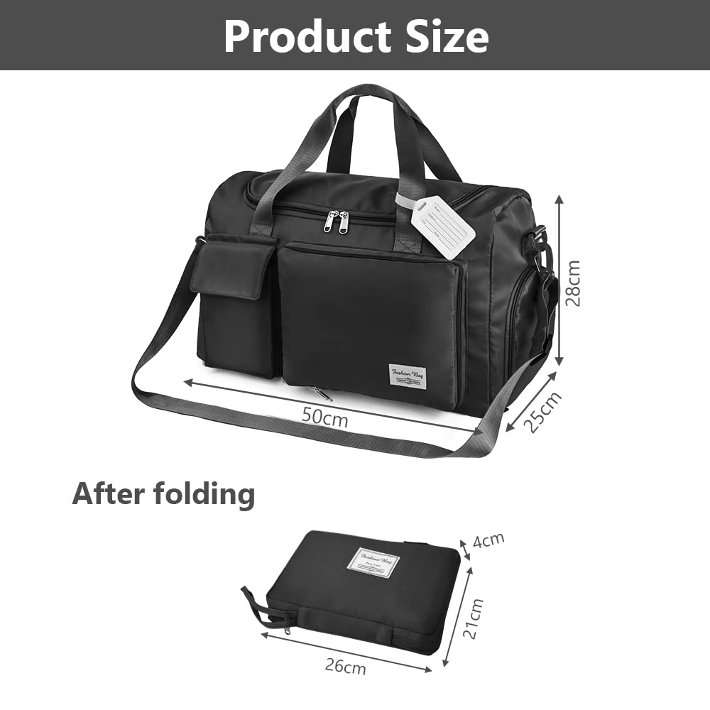 Lightweight Travel Gym Duffel - Foldable Overnight Holdall Bag for Women with Wet/Dry Separation - Cabin Bag for Sports & Travel - Black