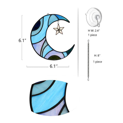 HAOSUM Stars and Moon Stained Glass Suncatcher - Window Decor Gift for Home Indoor - Crescent Moon and Star Decorations for Women
