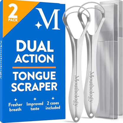 Mouthology Tongue Scraper for Adults (2 Pack), Reduce Bad Breath, Metal Tongue Scraper, Tongue Cleaner, Tongue Scraper, Stainless Steel Tongue Scraper, Tongue Cleaner for Adults, Tongue Scrubber