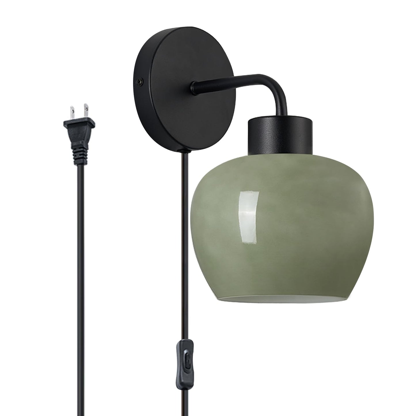 Nitimuto Modern Wall Sconces - Olive Green Milk Glass Plug-in Wall Lamp with Matte Black Finish, Industrial Boho Lighting for Bedroom, Living Room