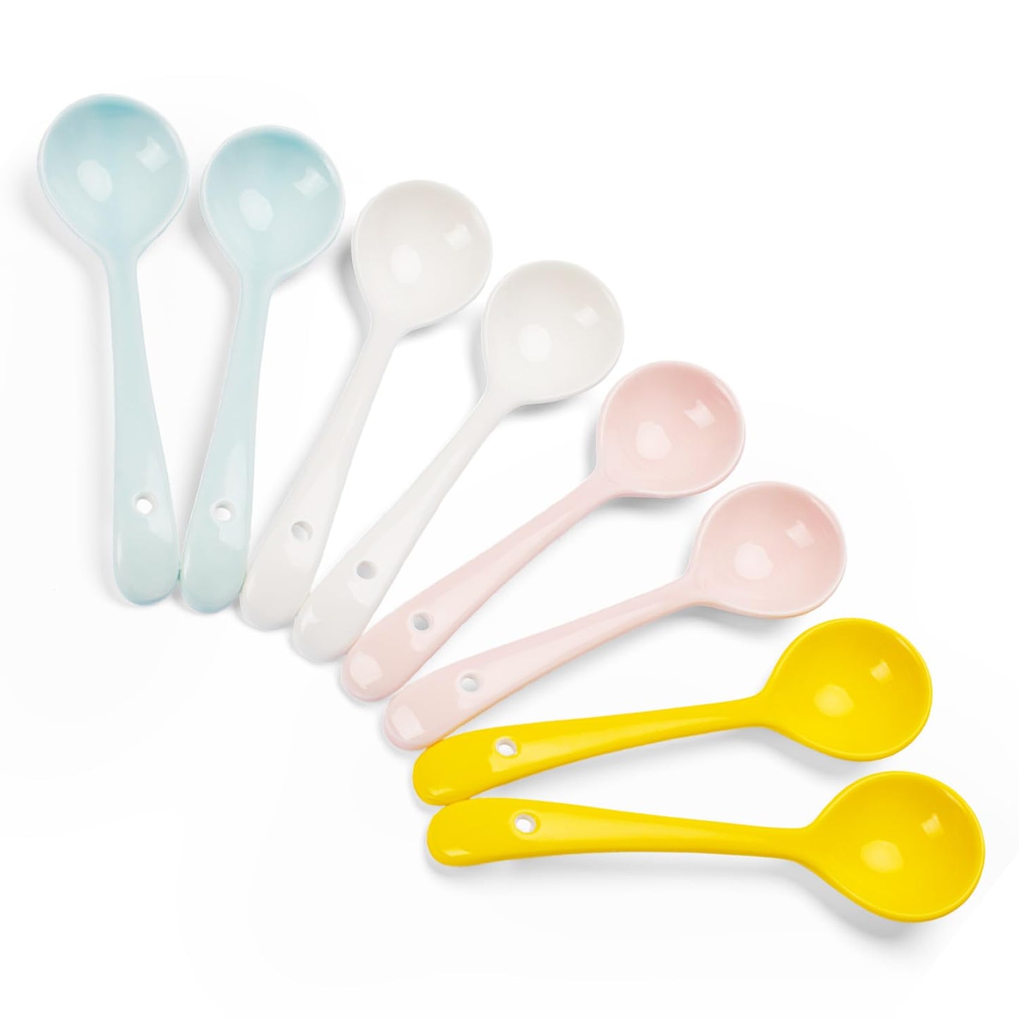 Ceramic Spoons Set of 8, Ceramic Chinese Soup Spoon, Asian Soup Spoons, White/Blue/Yellow/Pink Japanese Spoon Large for Ramen Pho Wonton Dumpling Miso, Deep Oval Hook Design (8, 4-Color)