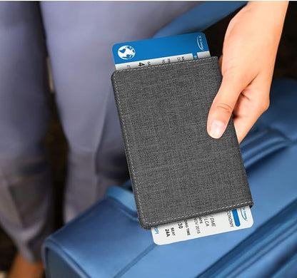 FINTIE Passport Holder Travel Wallet RFID Blocking PU Leather Card Case Cover, Denim Charcoal Brown
