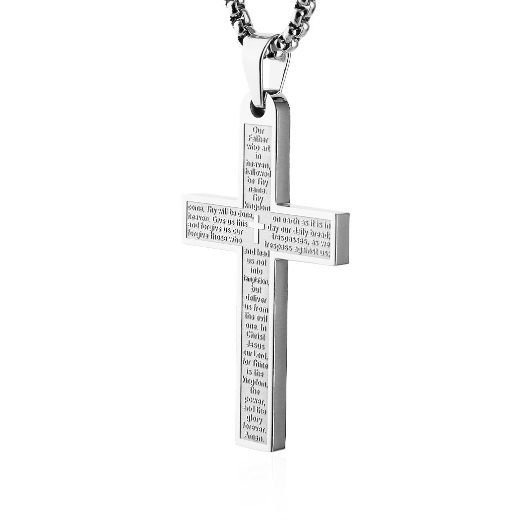 HZMAN Stainless Steel Cross Necklace for Men Women Inspiring Lord's Prayer Cross Pendant Jewelry Gift (Silver)