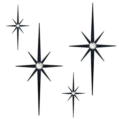 Sxnzequnze 4 Pcs Star Wall Art for Home Decor Living Room Bedroom Office Metal 3D,Bling,with Hanging Hook Starburst Midcentury Sculpture Retro Gallery Accent Celestial -Black 16.5in/9.4in