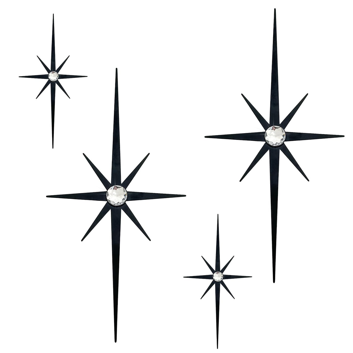 Sxnzequnze 4 Pcs Star Wall Art for Home Decor Living Room Bedroom Office Metal 3D,Bling,with Hanging Hook Starburst Midcentury Sculpture Retro Gallery Accent Celestial -Black 16.5in/9.4in