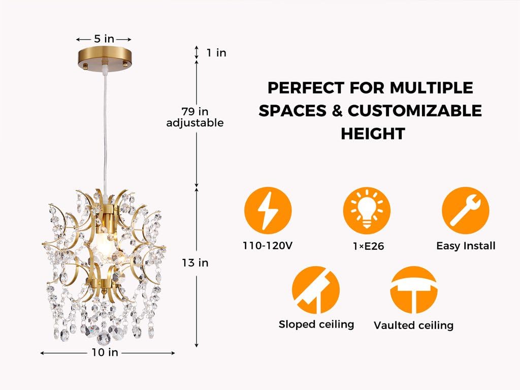 AGV LIGHTING Mini Crystal Chandelier, Modern Gold Brass Pendant Light with Hanging Crystal Beads, Elegant Small Chandelier Lighting Fixture for Dining Room, Bedroom, Kitchen Island, Hallway, Entryway