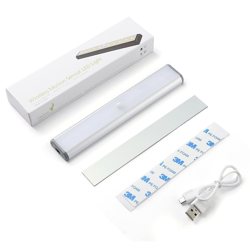 Stick-on Anywhere Portable Little Light Wireless LED Under Cabinet Lights 10-LED Motion Sensor Activated Night Light Build In Rechargeable Battery Magnetic Tape Lights for Closet,Cupboard (Silver1)