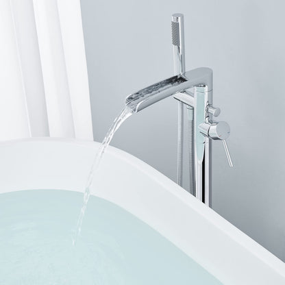 Wowkk Waterfall Freestanding Bathtub Faucet Chrome Floor Mount Tub Filler Brass Single Handle Bathroom Faucets with Hand Shower