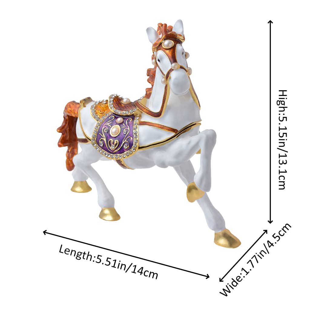 FJ FENGZHIJIE Golden Crystal Enameled Horse Jewelry Box, Hand-Painted Hinged White Horse Trinket Box, Elegant Home Décor & Unique Gift for Equestrians