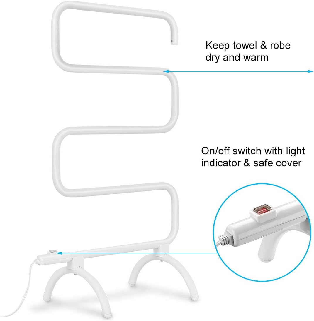 Electric Towel Warmer, S-Shaped Heated Towel Rack with Built-in Switch, Constant Temperature Control, 15 Min Fast Heating, Freestanding & Wall-Mounted Drying Rack for Bathroom, White