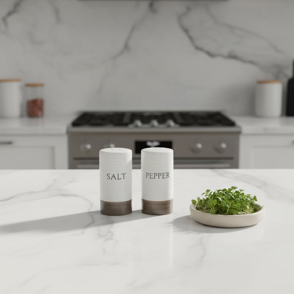 Young's Inc. Farmhouse Mini Ceramic Salt and Pepper Shaker Set - Cute Kitchen Table Accessories and Decor, Small 3-Inch Modern White Rustic Dining Table Decor for Everyday Dining and Gift Giving