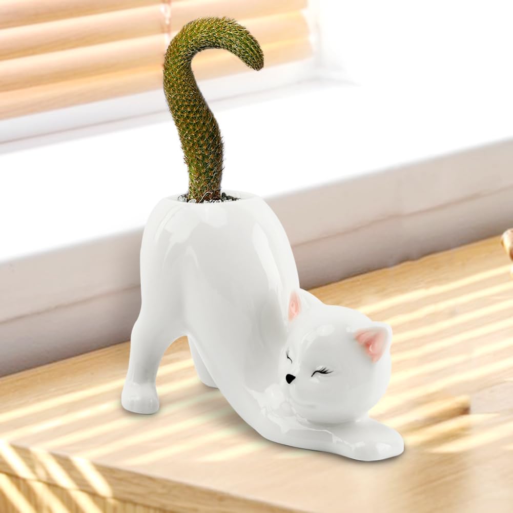 HKZTUY Ceramic Cat Planter Pot for Succulents and Cactus, Small Indoor Kitty Flower Pot with Drainage Hole, 5.71 x 2.95 x 3.86 in, Cute Desk Shelf Home Office Decor, White