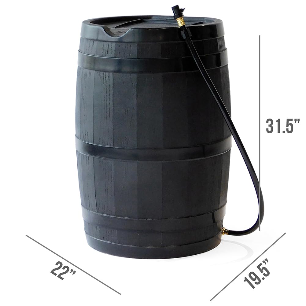 FCMP Outdoor 45 Gallon Heavy Duty Rain Water Catcher Barrel Container with Hose and Debris Screen for Outdoor Plants, Garden, and Landscapes (RC45-BLK) Black