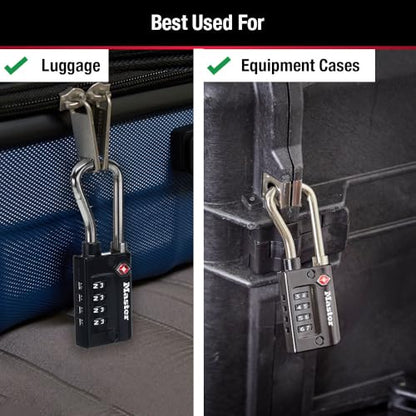 Master Lock Padlock, Set Your Own Combination TSA Accepted Luggage Lock, 1-5/16 in. Wide, Black, 4 pk, 4696EC4