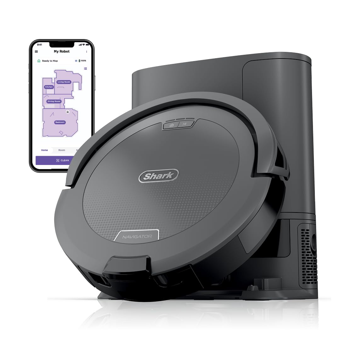 Shark Navigator Robot Vacuum with Bagless 30-Day Capacity Self-Empty Base, Powerful Suction, SmartPath Navigation, Self-Cleaning Brushroll, for Carpets & Hard Floors, White, AV2110S