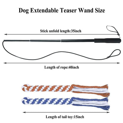 ASOCEA Flirt Pole for Dogs，Extendable Teaser Wand Pet Flirt Stick Outdoor Interactive Toy with 2 Chasing Tail Chewing Cotton Rope for Small Medium Large Dogs Training Pulling