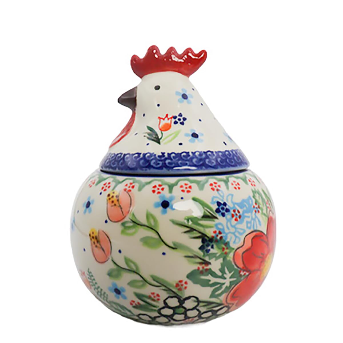 Bicuzat Vintage Flower Pattern Ceramic Sugar Bowl, Rooster Shaped Salt Bowl with Lid, Retro Cock Bowl Condiment Pot for Home and Kitchen, 12 OZ