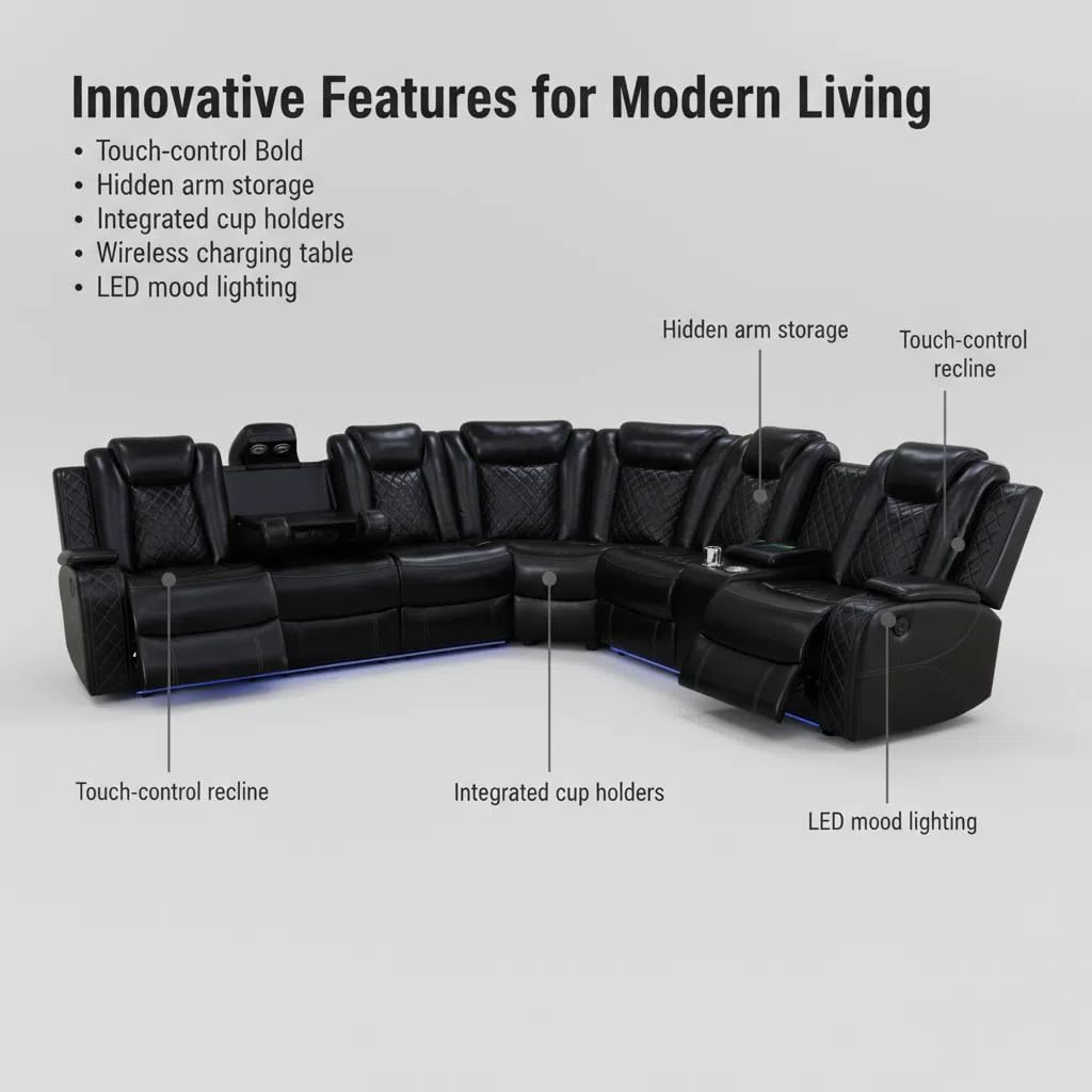 Trygoal Power Reclining Sectional Sofa Set, L-Shaped Leather Sectional Couches for Living Room, Home Theater Seating with Cup Holder, Modern Power Recliner Sofa Sets with LED Lights, Net Design, Black