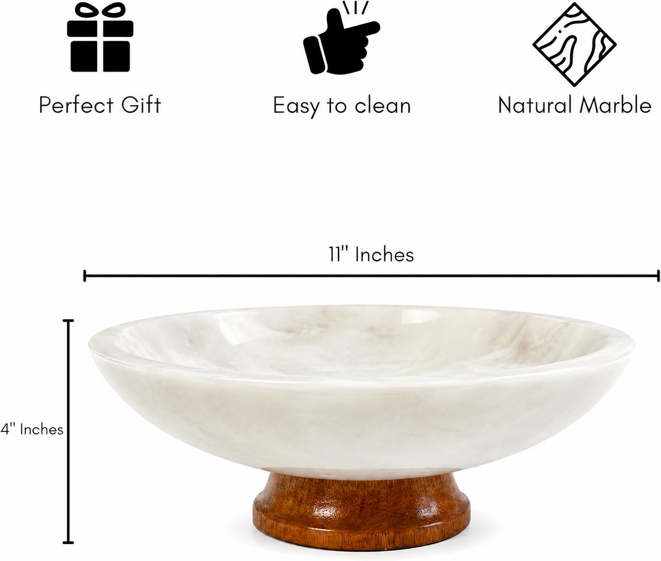 White Marble Fruit Bowl with Pedestal, 11" Large Decorative Centerpiece Bowl for Dining Table, Modern Kitchen Counter Fruit Bowl, Handcrafted Stone Marble Bowl, Luxury Home Decor Accent
