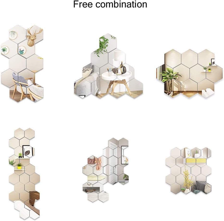 MCLEULLA 12 Pcs Acrylic Mirror Wall Stickers Hexagon Plastic Wall Stickers for Home Decor Living Room Bedroom Over Sofa or TV Gold (silver)