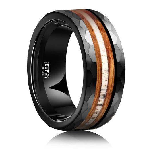 JEWPER 8mm Men Womens Wedding Band Tungsten Rings Black Hammer pattern Fashion Promise Carbide Inlaid Antlers Fire whiskey barrel wood Matte Finish Edge Comfort Fit Size(12)