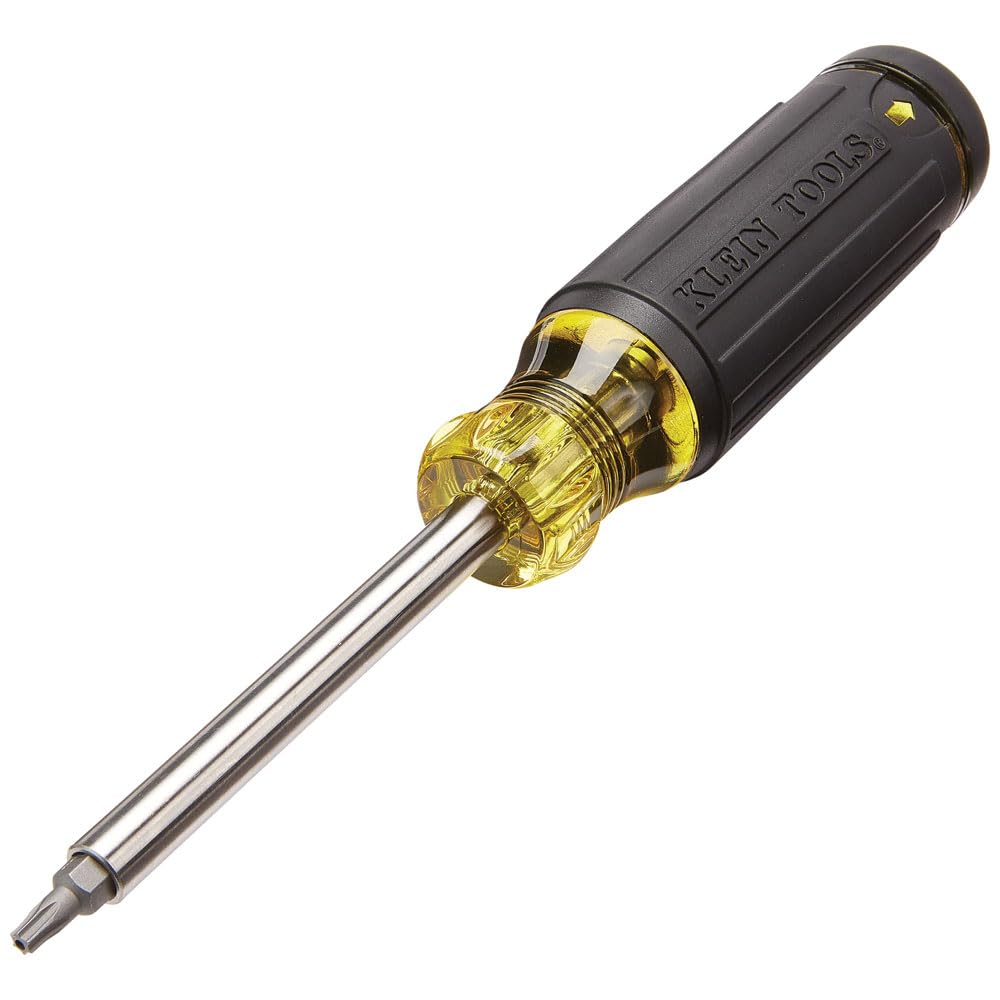 Klein Tools 32307 Multi-bit Tamperproof Screwdriver, 27-in-1 Tool with Torx, Hex, Torq and Spanner Bits with 1/4-Inch Nut Driver, Black/Yellow