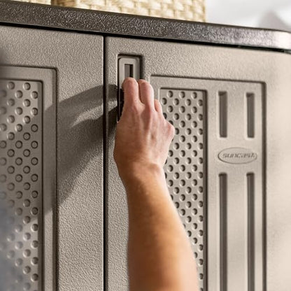 Suncast Tall Storage Cabinet, Platinum Resin Outdoor & Garage Storage Cabinet with Doors & Shelves, Plastic, Weather-Resistant, Lockable, Freestanding Utility Closet for Tools & Supplies, Made in USA