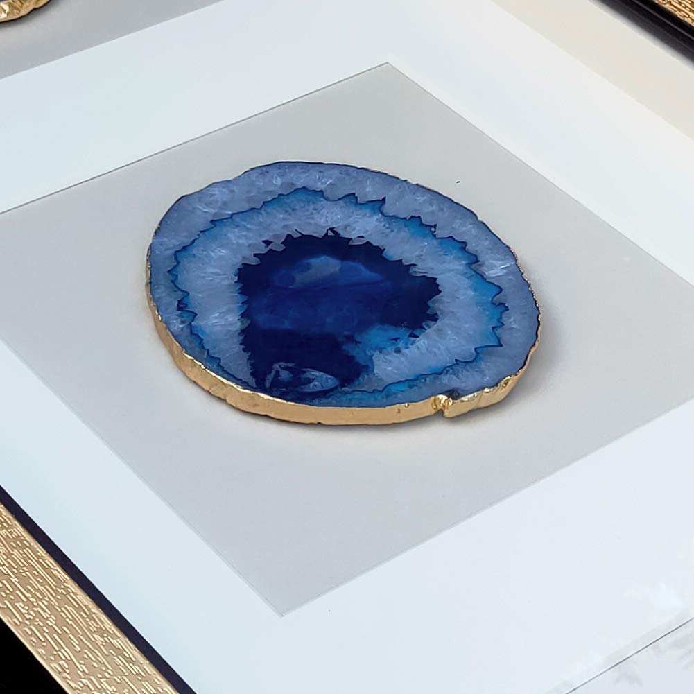 ARTECORS Handmade 15.7"x15.7" Gold Edge Natural Agate Wall Art with Shadow Box Frame Front Glass for Living Room Bedroom Home Decoration (Trio Blue)