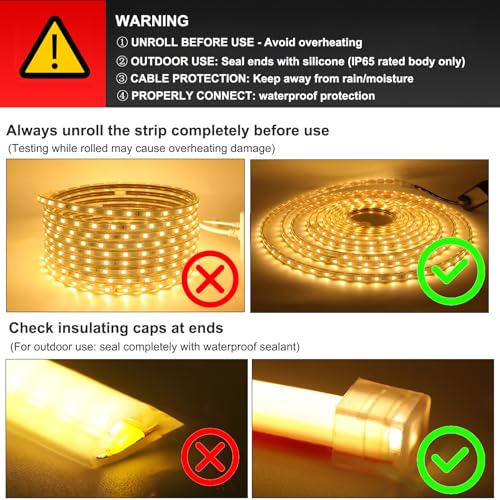 GQL 2m 5050 LED Strip Warm White with Switch (80cm Cable), Mains Powered SMD 60LEDs/m Commercial Rope Light, IP65 Waterproof for Indoor/Outside Decoration UK Plug Supply