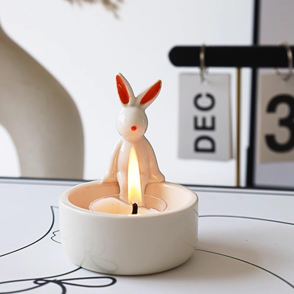 WARMCITY Handmade Animal Candle Holder, Lovely Kitten Canlestick Holder, Cartoon Figures Warming Its Paws Cute Light Holder for Candle Lovers- Candle NOT Included (Rabbit Red)
