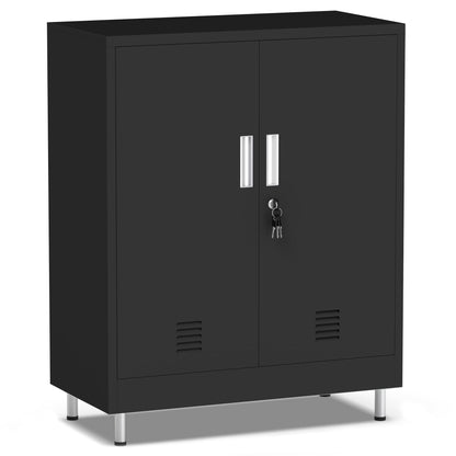 JINGUR Metal Storage Cabinet with Locking Doors and 2 Adjustable Shelves, Lockable Storage Cabinet for Home Office Garage Pantry Living Room (Black)