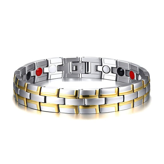 Emmori Stainless Steel Magnetic Therapy Bracelet For Men Women & Adjustable Length with Sizing Tool & Retro Bracelet Jewelry (Silver-Gold)