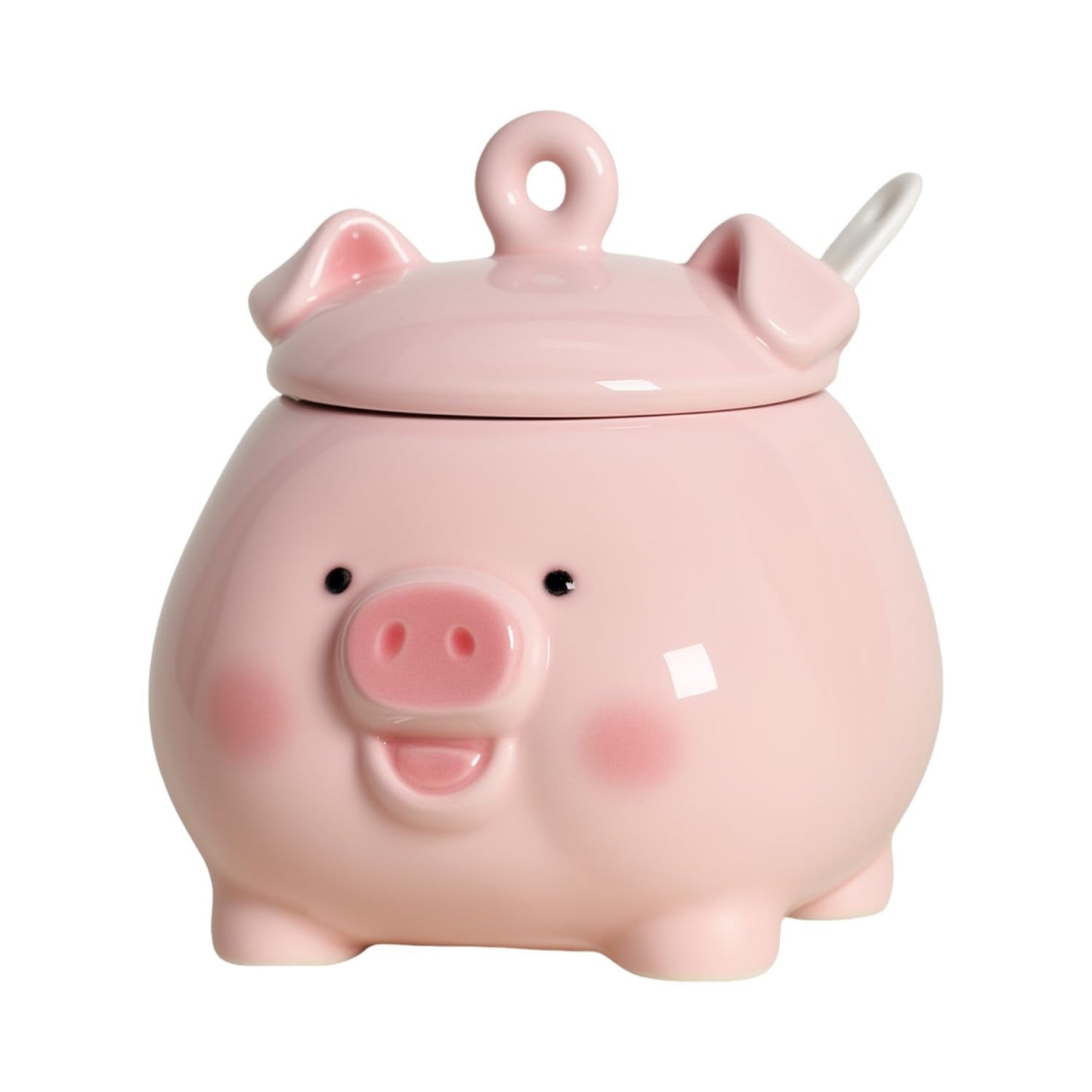 Sizikato Porcelain Condiment Pot with Lid and Spoon, Pink Pig Shape, 4.2 Inch
