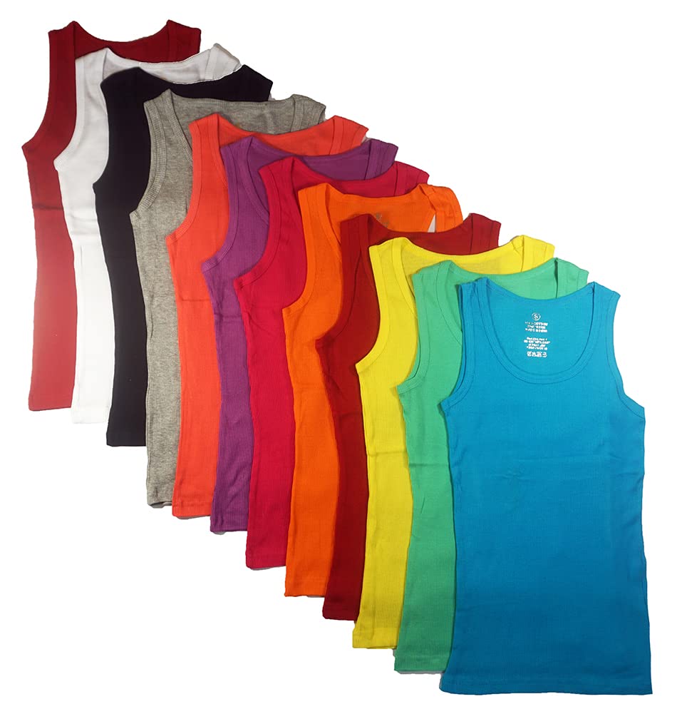 Studio 3 12 Pieces Pack Women's Ribbed 100% Cotton Tank Tops-Assorted Color, Muscle Tank Top, Large